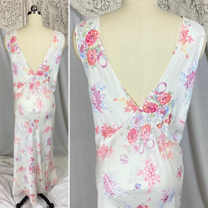 Vintage 1940's Nightgown | Semi Sheer White Rayon with Bold Floral Print | Size 2XL