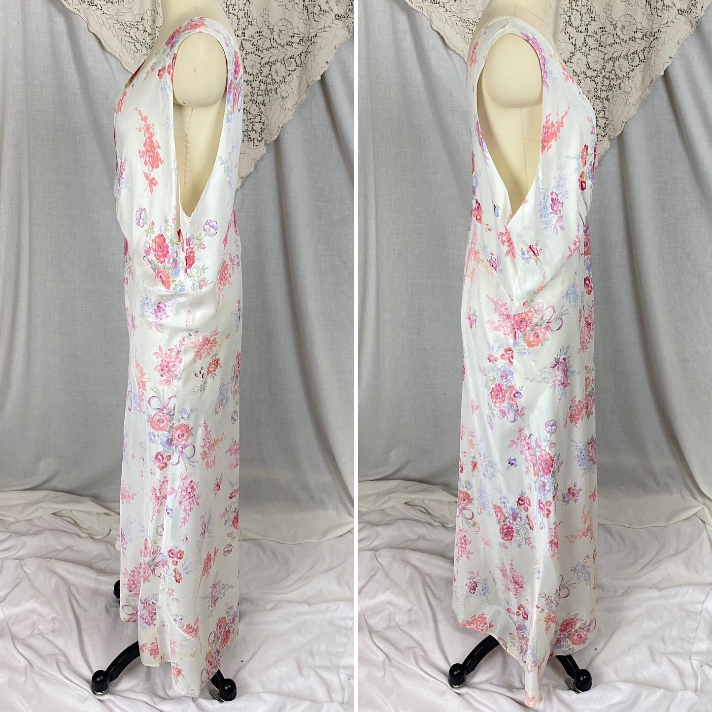 Vintage 1940's Nightgown | Semi Sheer White Rayon with Bold Floral Print | Size 2XL
