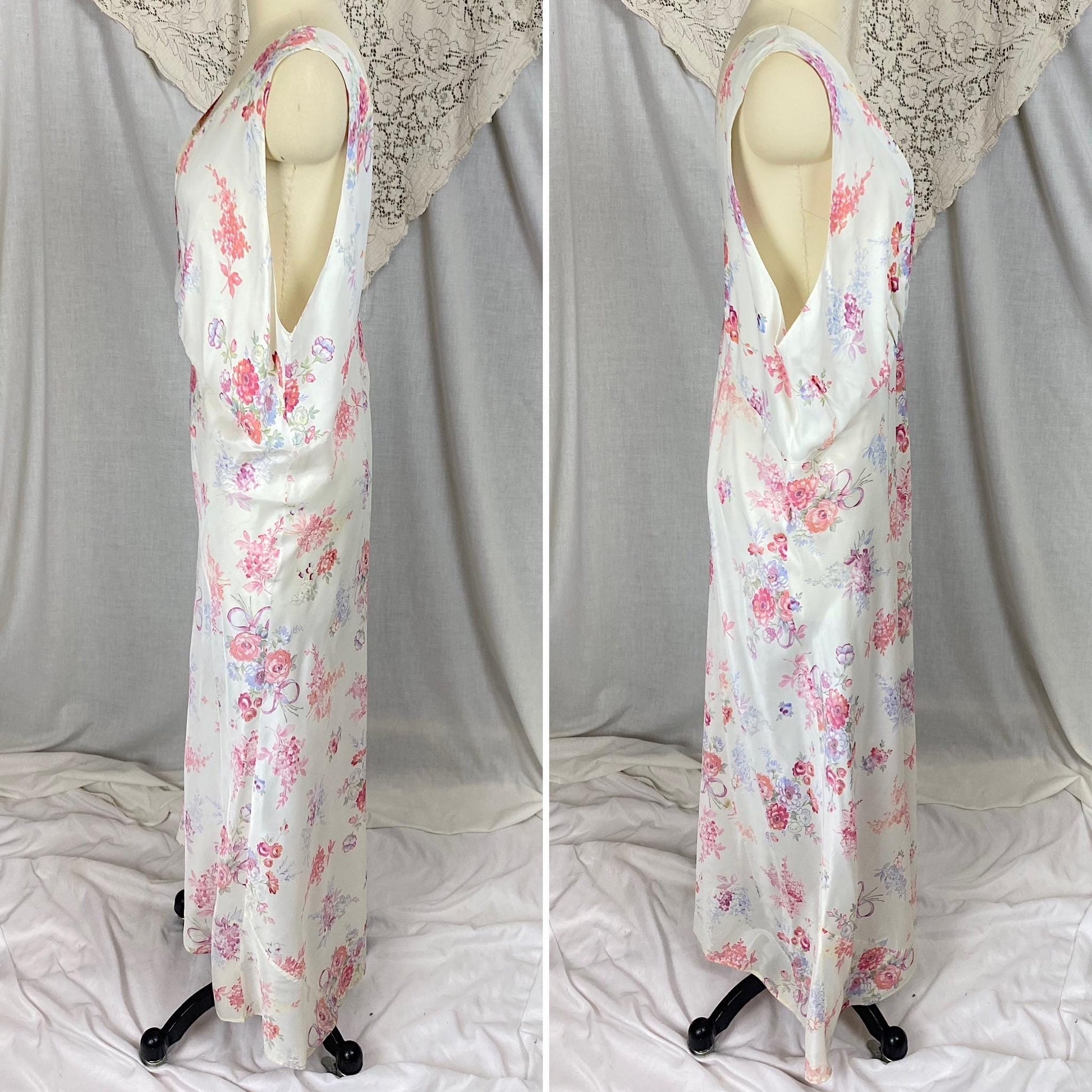 Vintage 1940's Nightgown | Semi Sheer White Rayon with Bold Floral Print | Size 2XL
