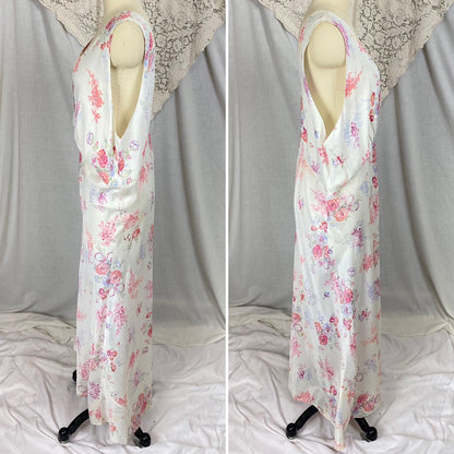 Vintage 1940's Nightgown | Semi Sheer White Rayon with Bold Floral Print | Size 2XL