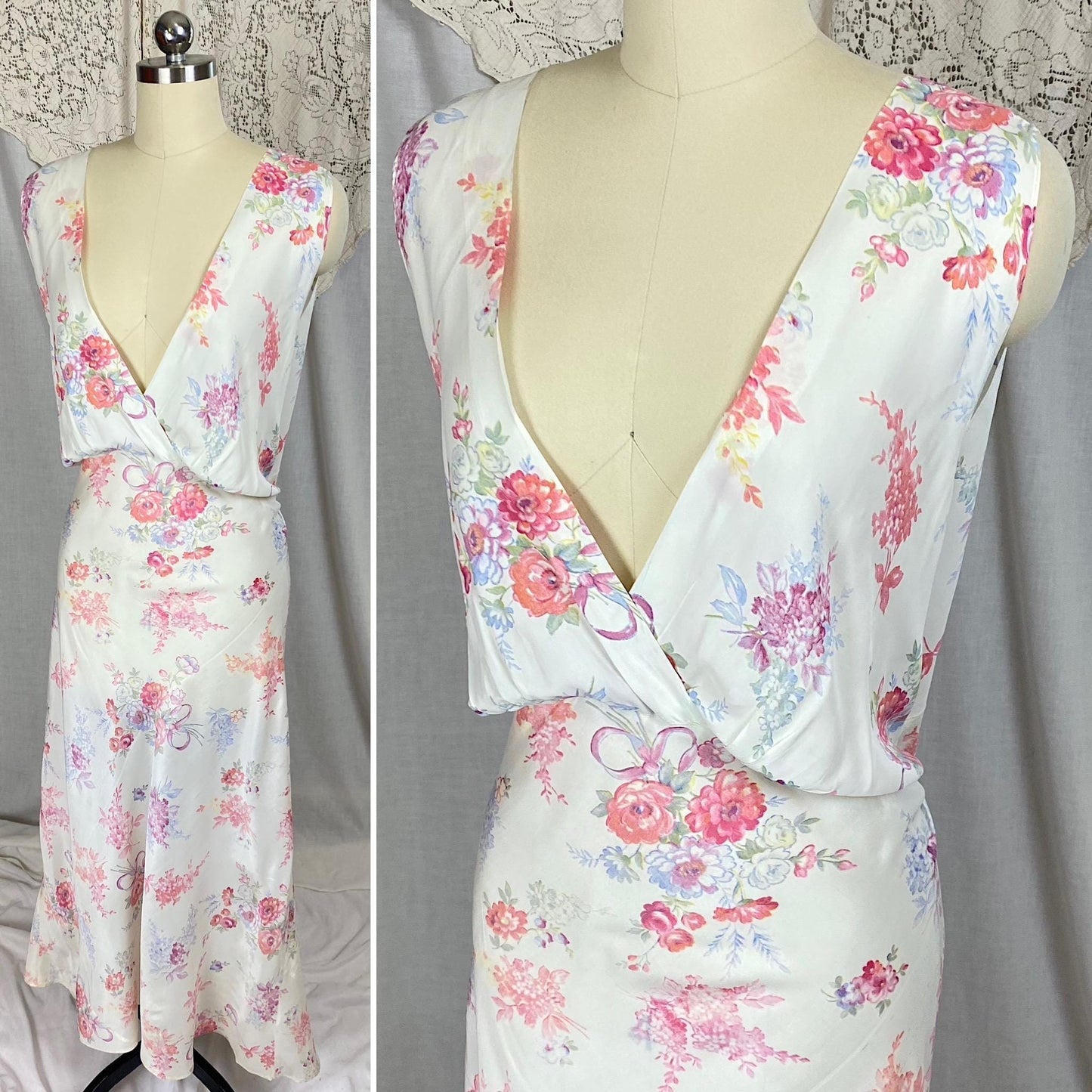 Vintage 1940's Nightgown | Semi Sheer White Rayon with Bold Floral Print | Size 2XL