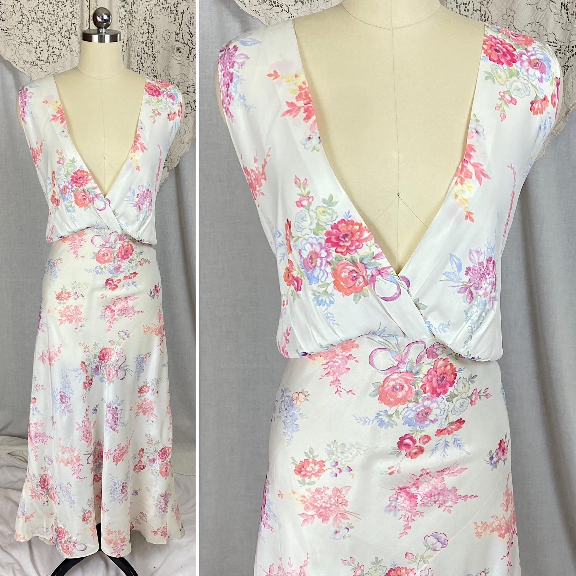 Vintage 1940's Nightgown | Semi Sheer White Rayon with Bold Floral Print | Size 2XL
