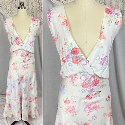 Vintage 1940's Nightgown | Semi Sheer White Rayon with Bold Floral Print | Size 2XL