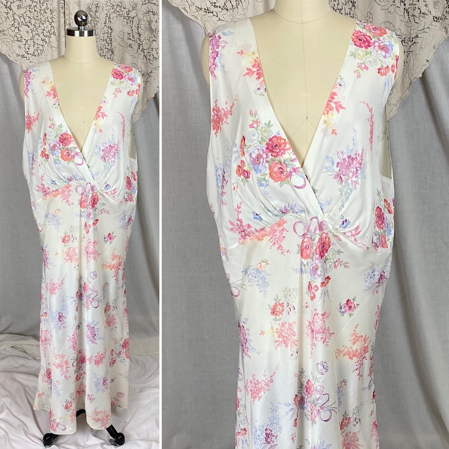 Vintage 1940's Nightgown | Semi Sheer White Rayon with Bold Floral Print | Size 2XL