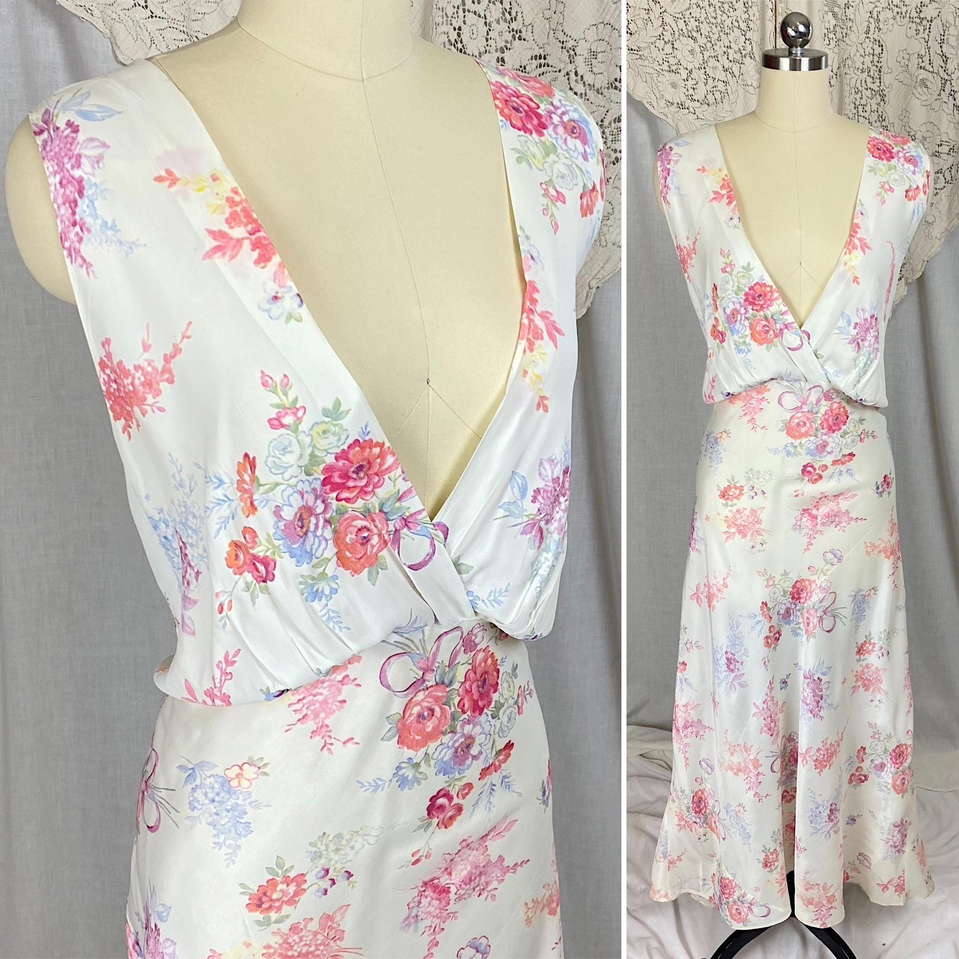 Vintage 1940's Nightgown | Semi Sheer White Rayon with Bold Floral Print | Size 2XL
