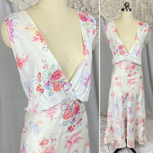 Vintage 1940's Nightgown | Semi Sheer White Rayon with Bold Floral Print | Size 2XL