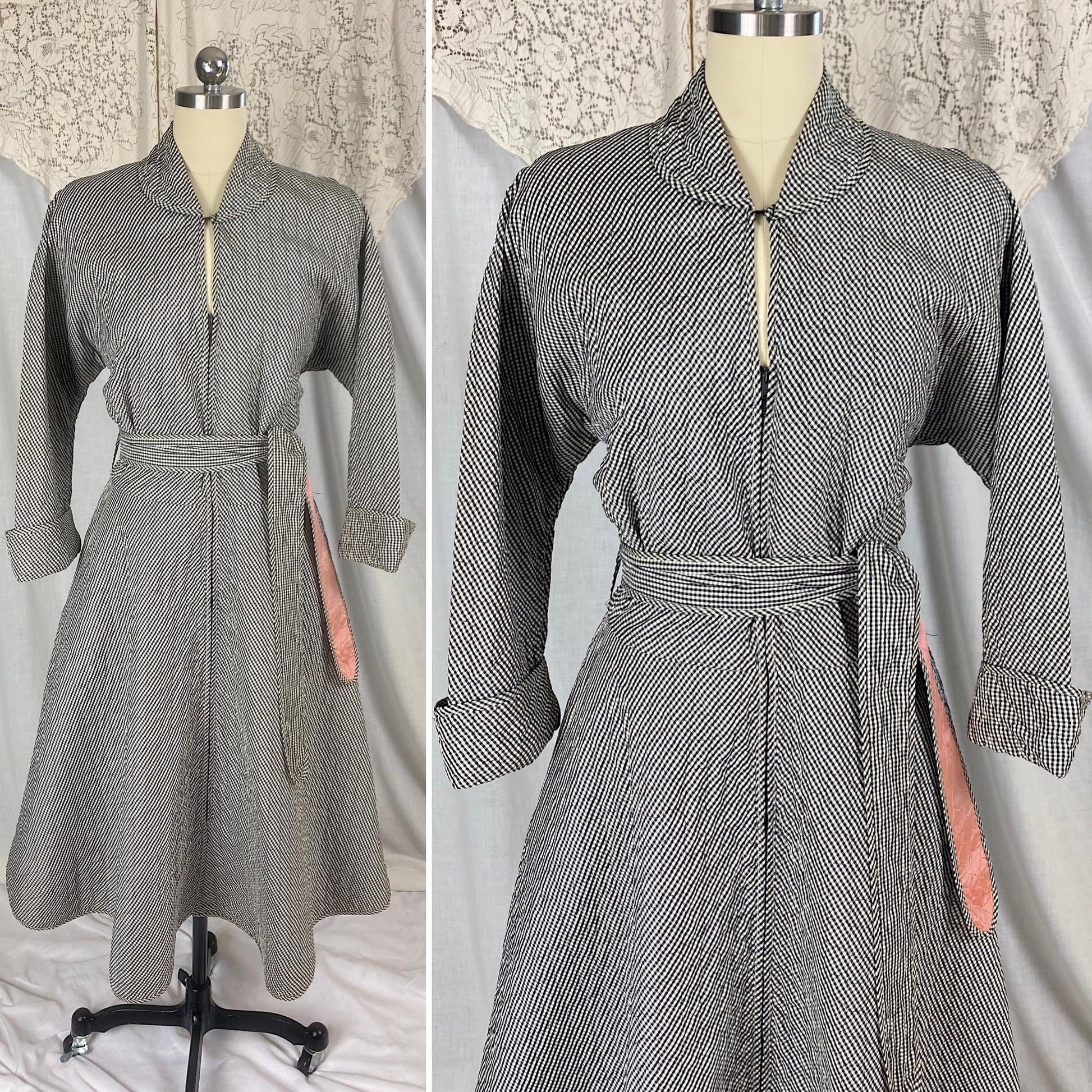 Vintage 1950's Hostess Dress | Quilted Black & White Houndstooth Rayon Taffeta with Pink Lining | Size M, LG | Betty Louise Creations