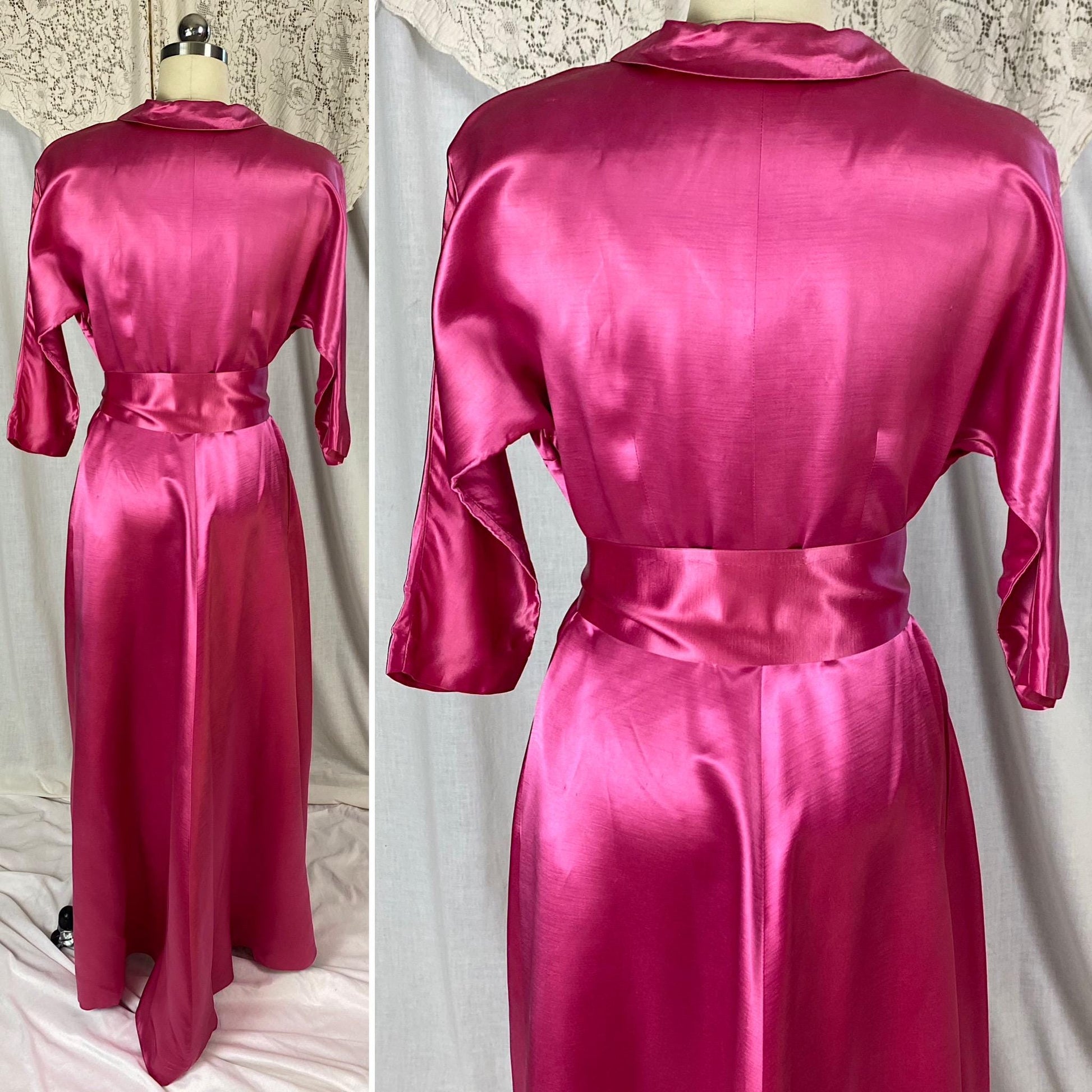 Vintage 1950's Hostess Dress | Hot Pink Rayon Satin with Tasseled Sash Tie | Size XS, S