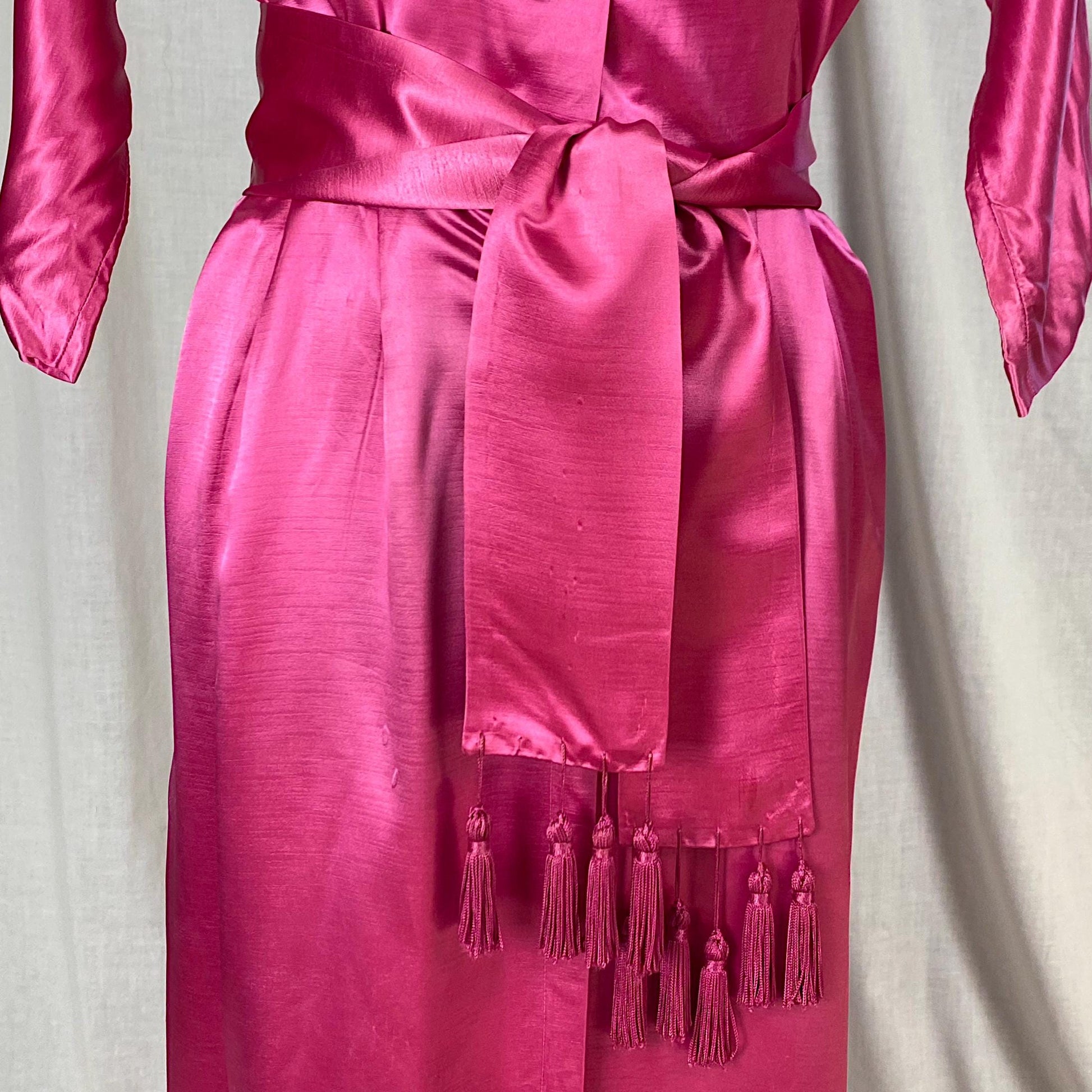 Vintage 1950's Hostess Dress | Hot Pink Rayon Satin with Tasseled Sash Tie | Size XS, S