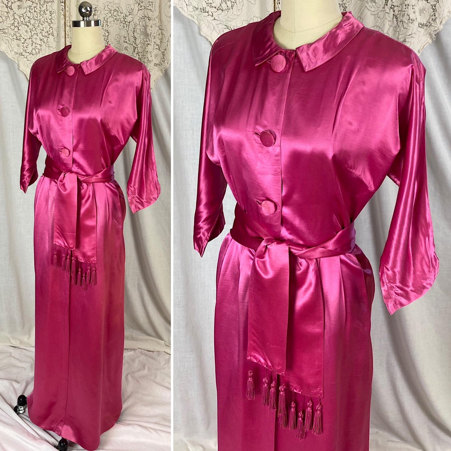 Vintage 1950's Hostess Dress | Hot Pink Rayon Satin with Tasseled Sash Tie | Size XS, S