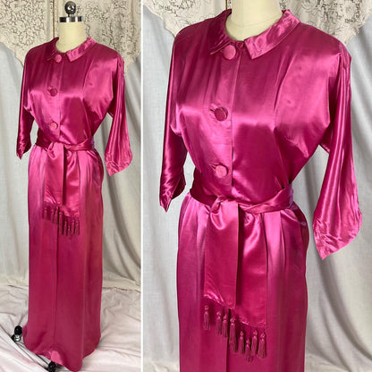 Vintage 1950's Hostess Dress | Hot Pink Rayon Satin with Tasseled Sash Tie | Size XS, S