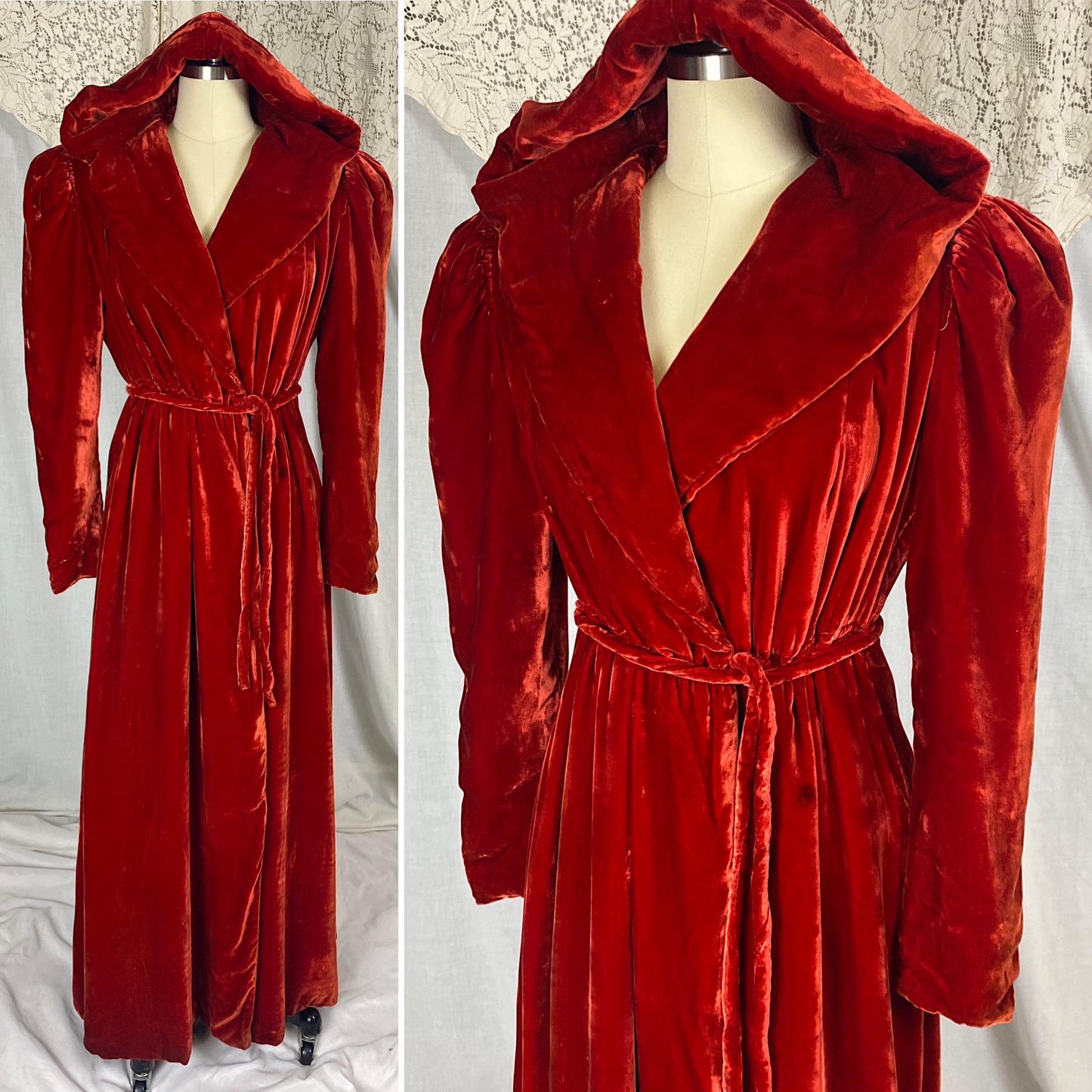 Vintage 1930's - 1940's Hooded Robe - Opera Coat | Rose Red Rayon Velvet with Taffeta Lining | Size XS, S