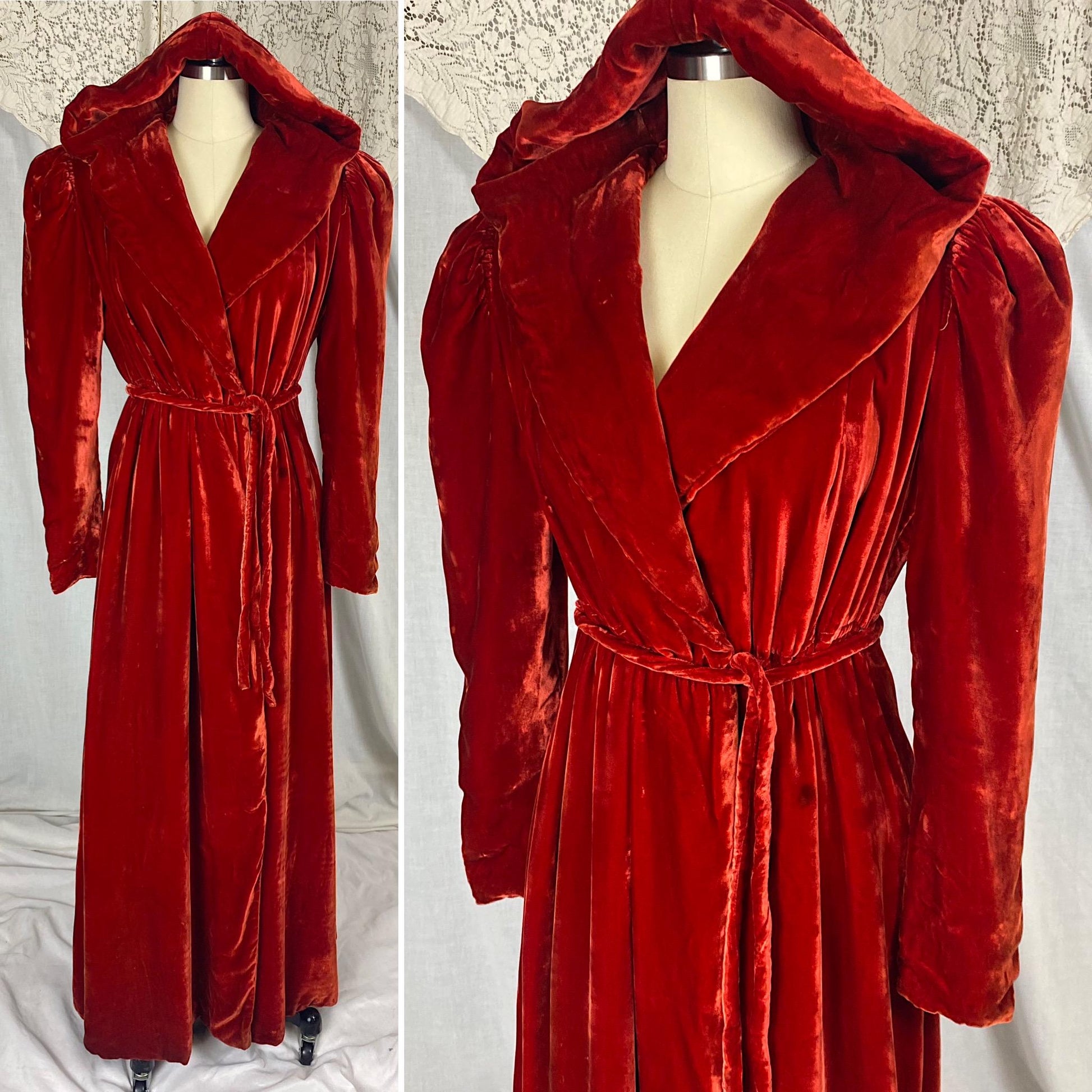 Vintage 1930's - 1940's Hooded Robe - Opera Coat | Rose Red Rayon Velvet with Taffeta Lining | Size XS, S