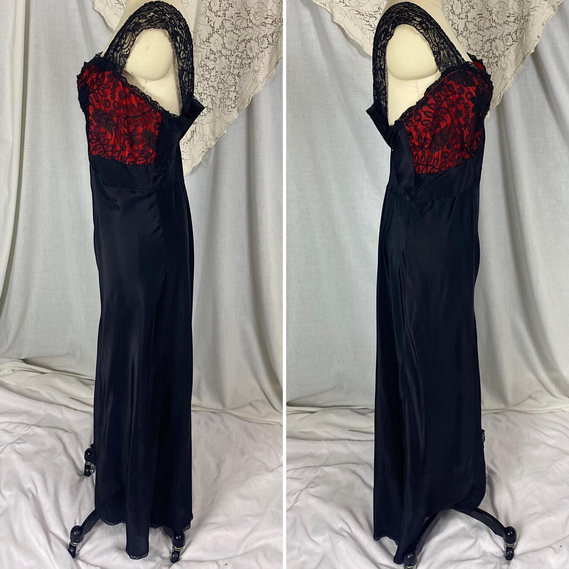 Vintage 1940's - 1950's Nightgown | Silky Black Rayon with Contrasting Red Taffeta Bust | Size LG, XLG