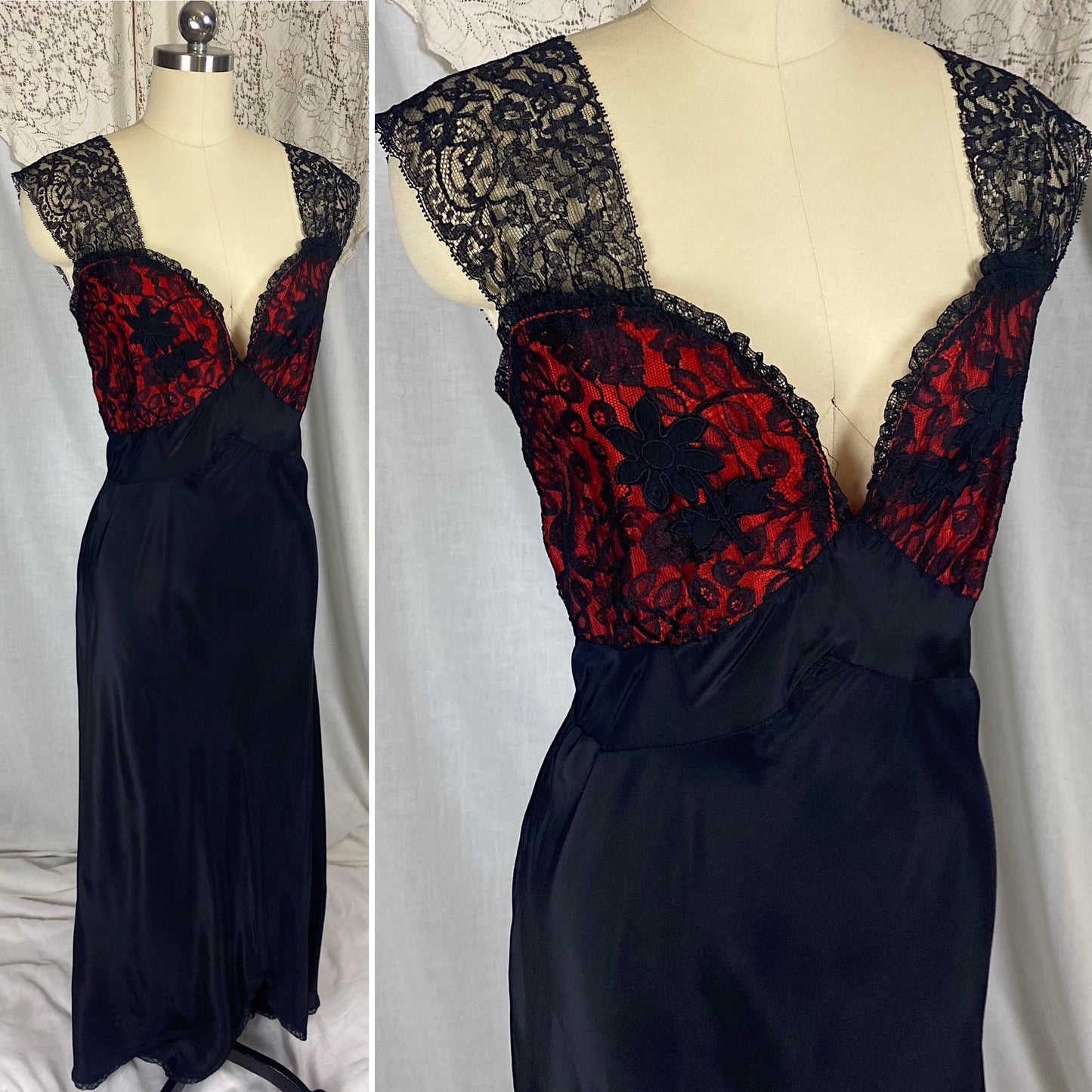 Vintage 1940's - 1950's Nightgown | Silky Black Rayon with Contrasting Red Taffeta Bust | Size LG, XLG