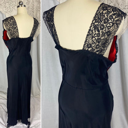 Vintage 1940's - 1950's Nightgown | Silky Black Rayon with Contrasting Red Taffeta Bust | Size LG, XLG