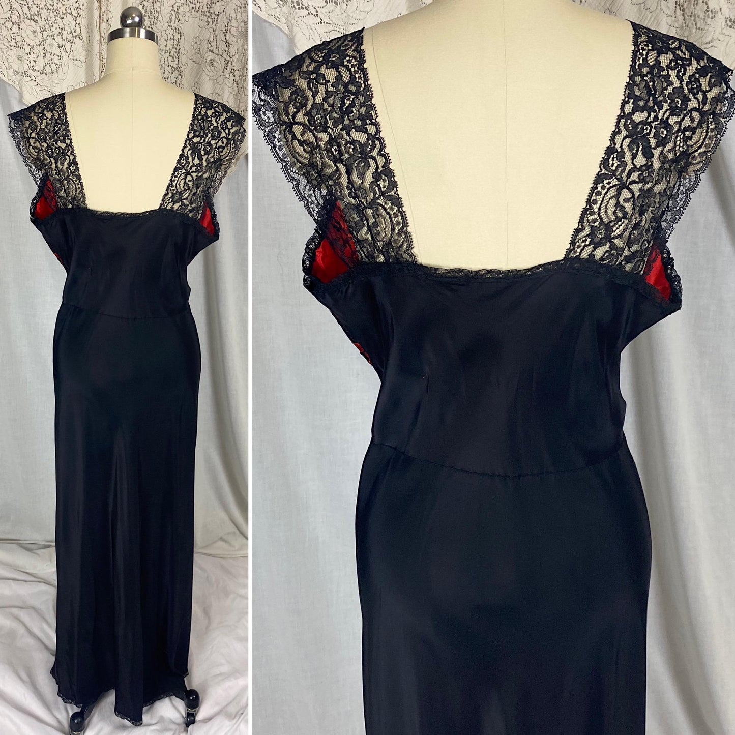 Vintage 1940's - 1950's Nightgown | Silky Black Rayon with Contrasting Red Taffeta Bust | Size LG, XLG