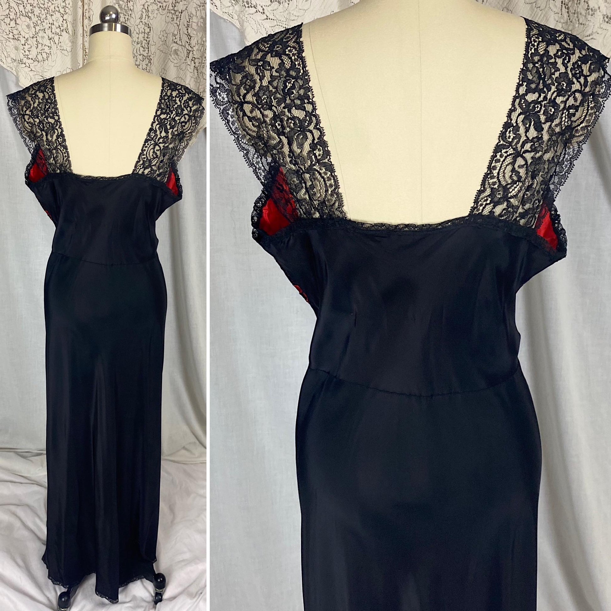 Vintage 1940's - 1950's Nightgown | Silky Black Rayon with Contrasting Red Taffeta Bust | Size LG, XLG