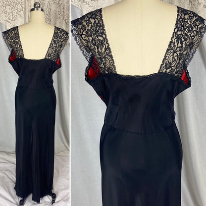 Vintage 1940's - 1950's Nightgown | Silky Black Rayon with Contrasting Red Taffeta Bust | Size LG, XLG