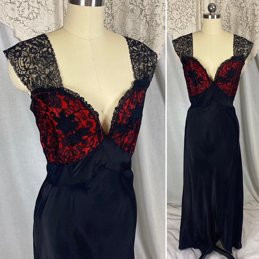 Vintage 1940's - 1950's Nightgown | Silky Black Rayon with Contrasting Red Taffeta Bust | Size LG, XLG