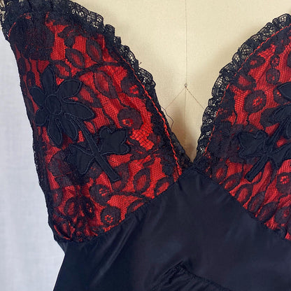 Vintage 1940's - 1950's Nightgown | Silky Black Rayon with Contrasting Red Taffeta Bust | Size LG, XLG