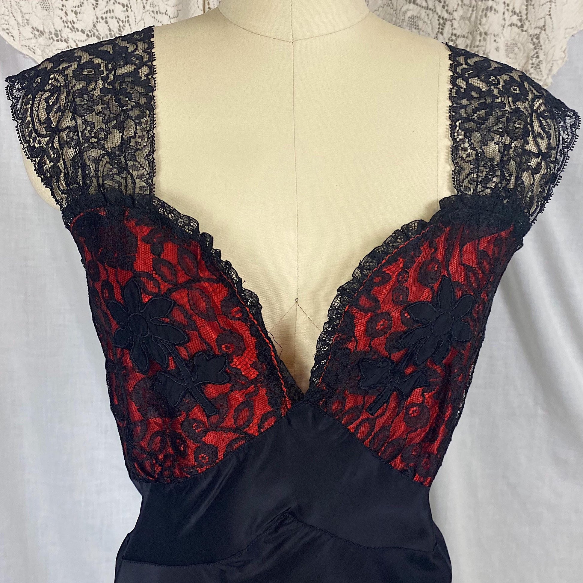 Vintage 1940's - 1950's Nightgown | Silky Black Rayon with Contrasting Red Taffeta Bust | Size LG, XLG