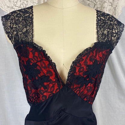 Vintage 1940's - 1950's Nightgown | Silky Black Rayon with Contrasting Red Taffeta Bust | Size LG, XLG