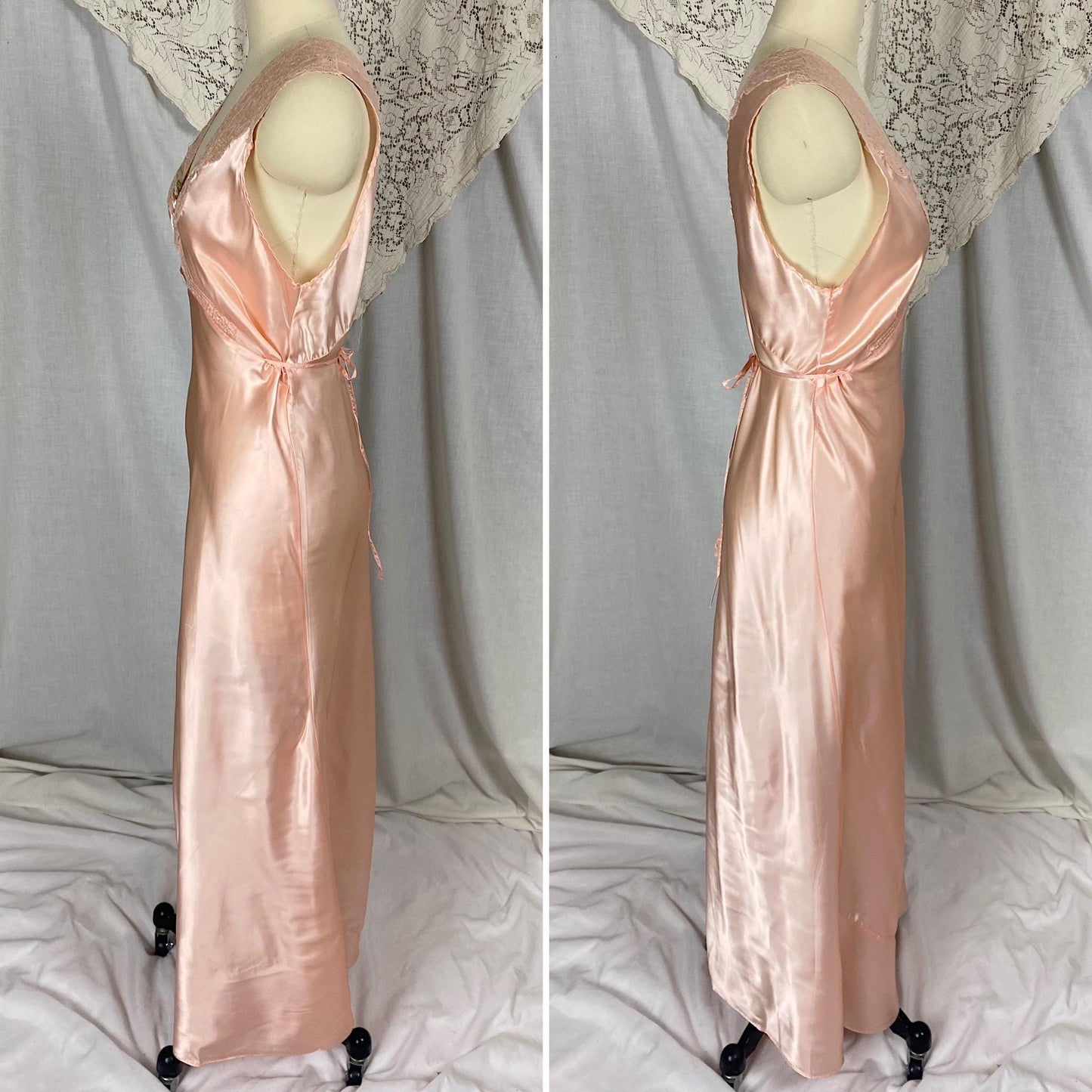 Vintage 1940's Nightgown | Light Blush Pink Rayon Satin with Floral Cotton Lace & Keyhole Neckline | Size S, M | Never Worn