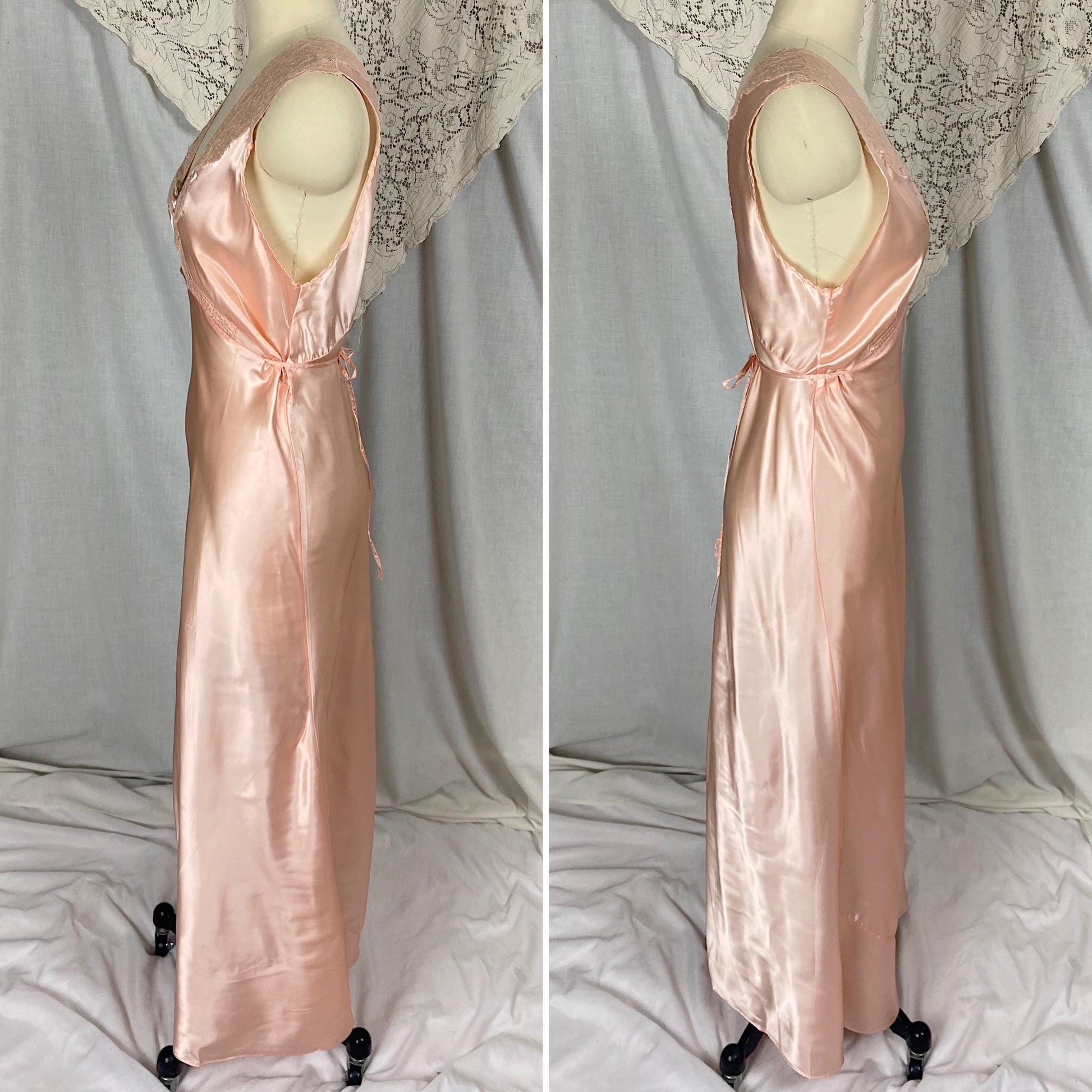 Vintage 1940's Nightgown | Light Blush Pink Rayon Satin with Floral Cotton Lace & Keyhole Neckline | Size S, M | Never Worn