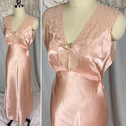 Vintage 1940's Nightgown | Light Blush Pink Rayon Satin with Floral Cotton Lace & Keyhole Neckline | Size S, M | Never Worn