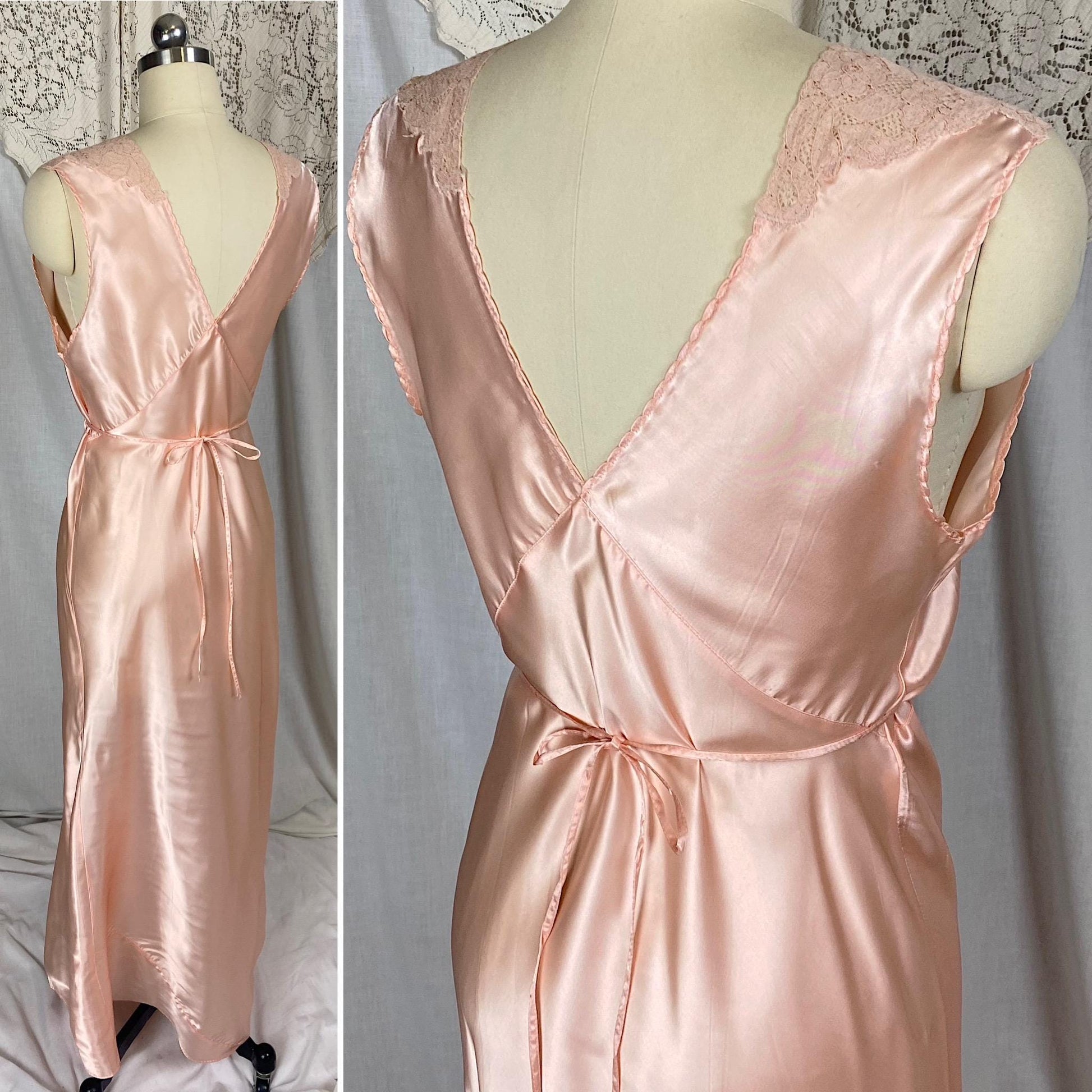 Vintage 1940's Nightgown | Light Blush Pink Rayon Satin with Floral Cotton Lace & Keyhole Neckline | Size S, M | Never Worn