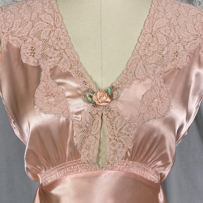 Vintage 1940's Nightgown | Light Blush Pink Rayon Satin with Floral Cotton Lace & Keyhole Neckline | Size S, M | Never Worn