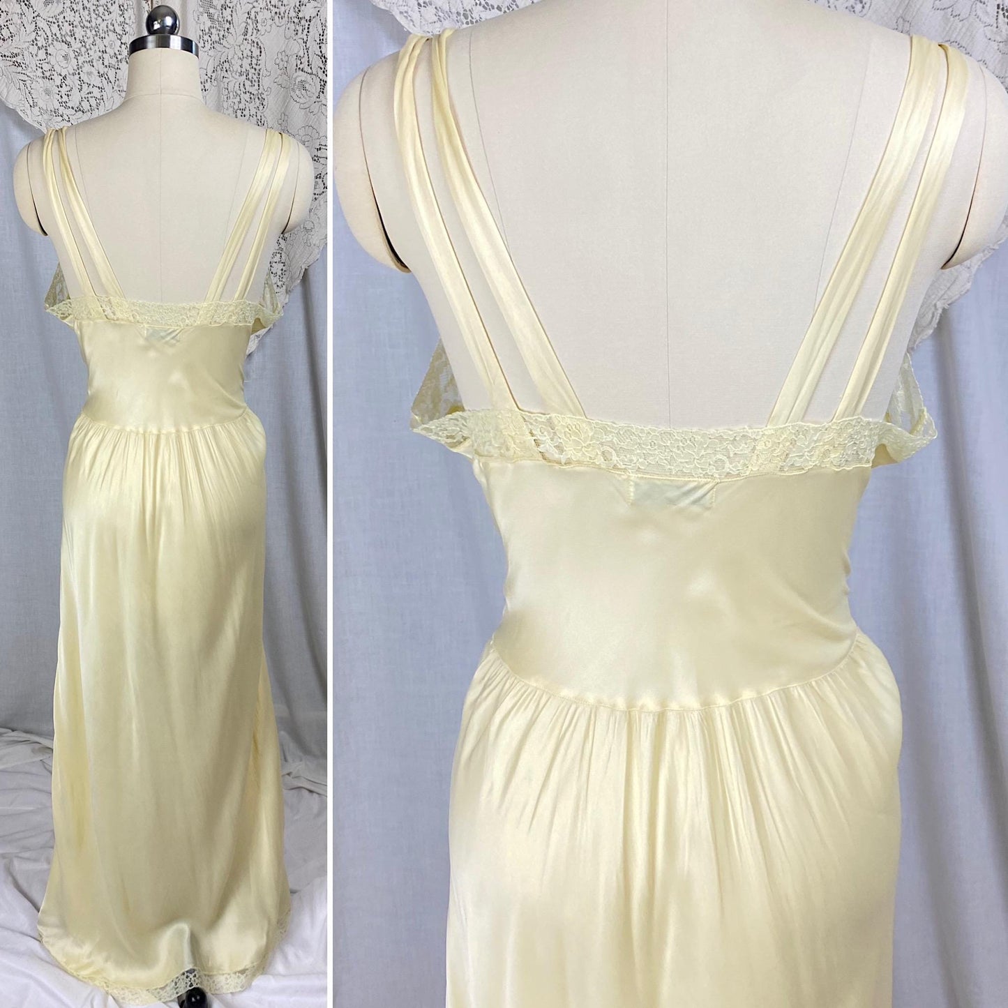 Vintage 1940's - 1950's Nightgown | Pale Yellow Rayon Satin with Acetate Lace | Size S, M | Barbizon Capricious