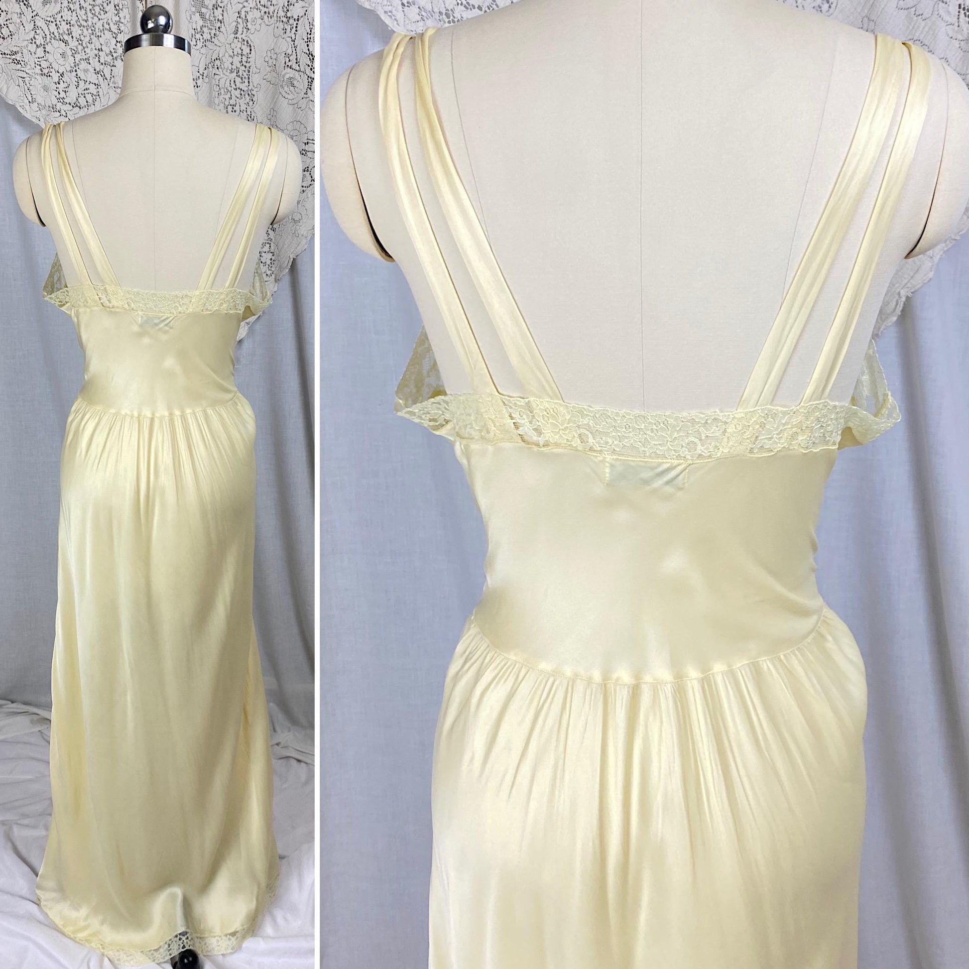 Vintage 1940's - 1950's Nightgown | Pale Yellow Rayon Satin with Acetate Lace | Size S, M | Barbizon Capricious