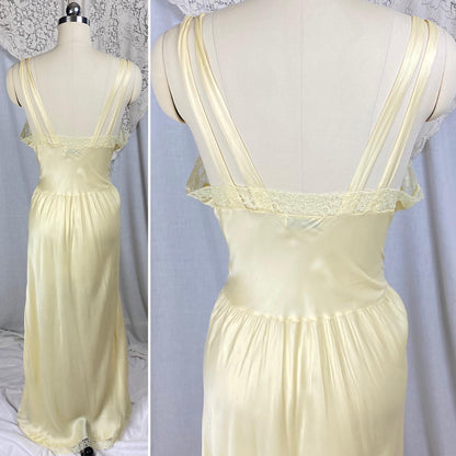 Vintage 1940's - 1950's Nightgown | Pale Yellow Rayon Satin with Acetate Lace | Size S, M | Barbizon Capricious