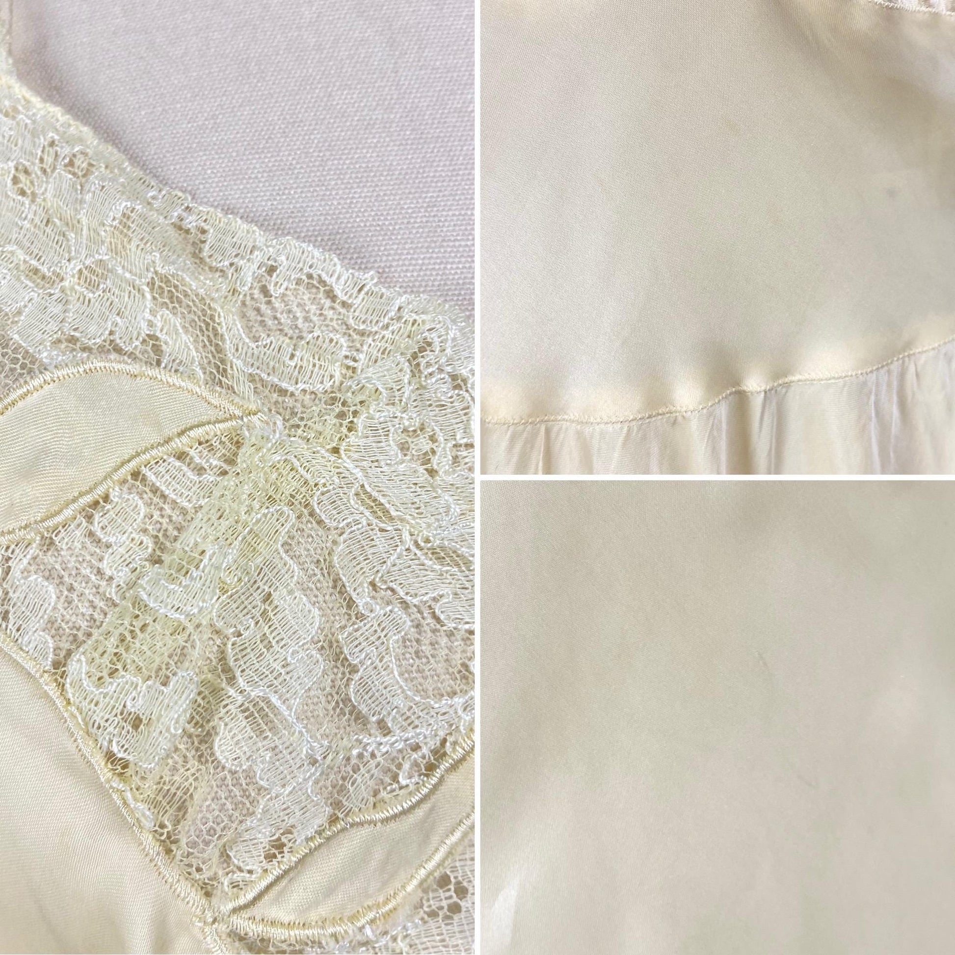 Vintage 1940's - 1950's Nightgown | Pale Yellow Rayon Satin with Acetate Lace | Size S, M | Barbizon Capricious