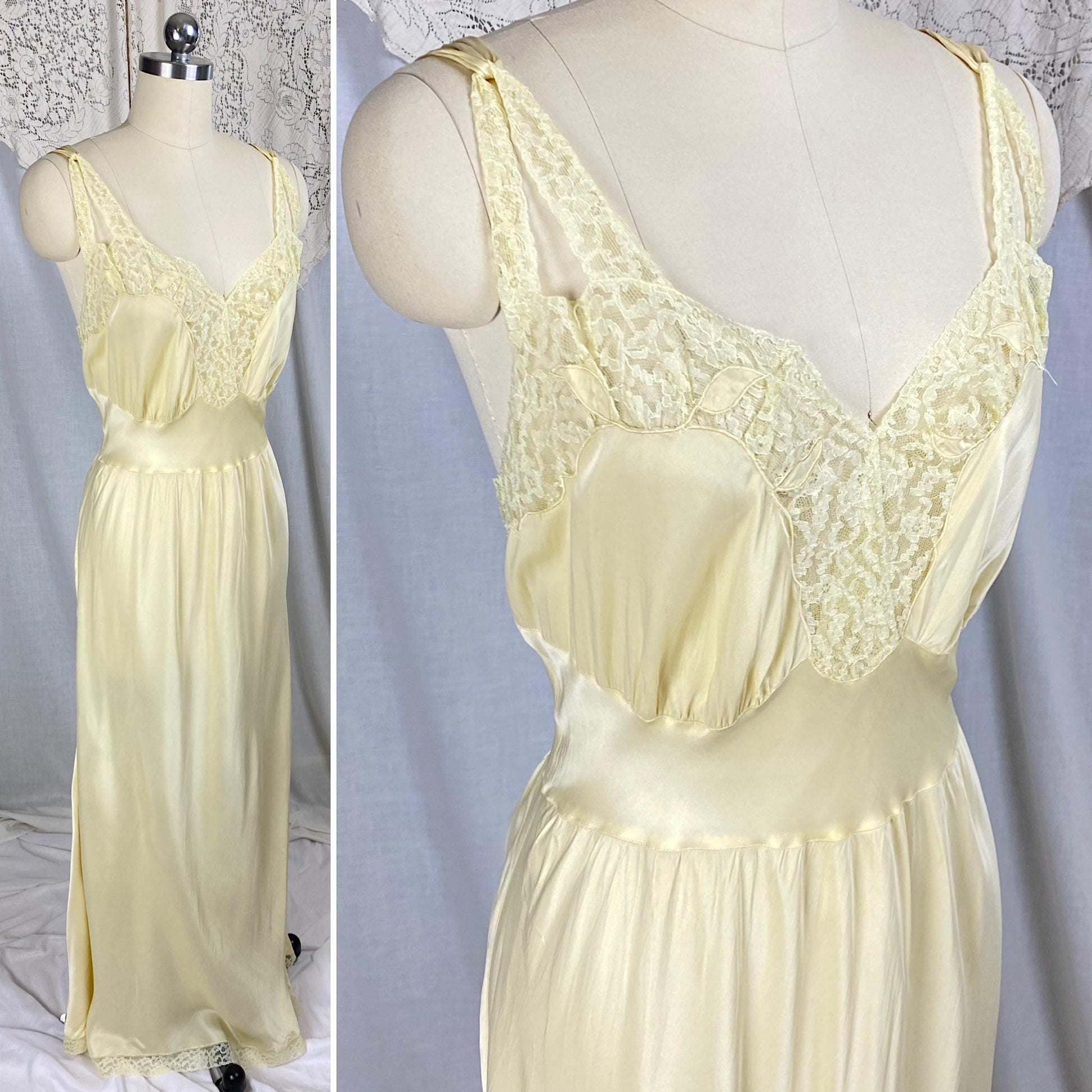 Vintage 1940's - 1950's Nightgown | Pale Yellow Rayon Satin with Acetate Lace | Size S, M | Barbizon Capricious