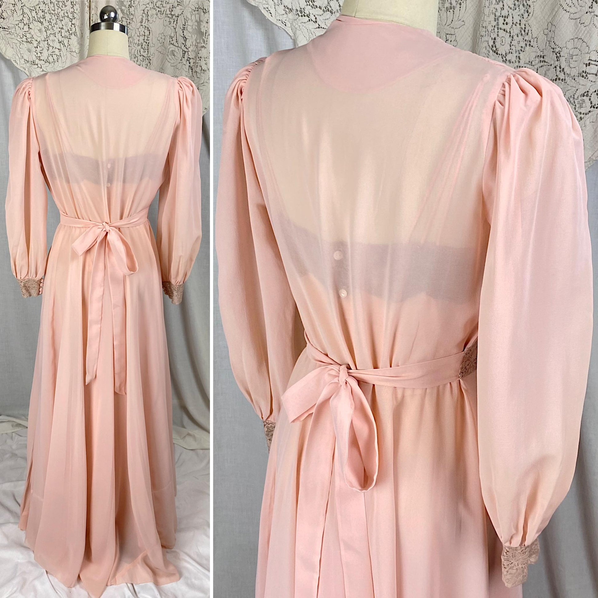 Vintage 1940's Nightgown & Peignoir Set | Sheer Rosy Pink Rayon Chiffon with Mocha Floral Lace | Size S