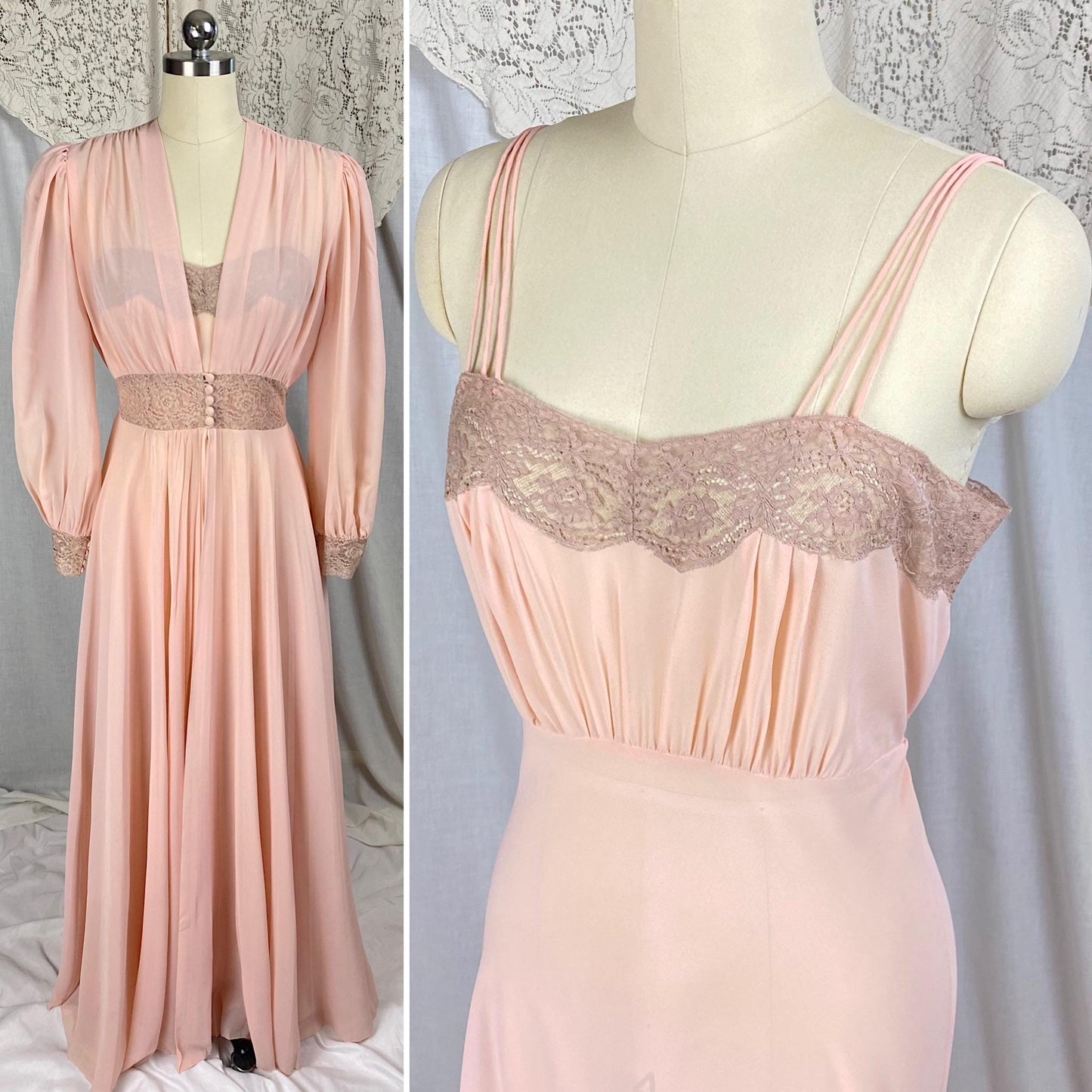 Vintage 1940's Nightgown & Peignoir Set | Sheer Rosy Pink Rayon Chiffon with Mocha Floral Lace | Size S