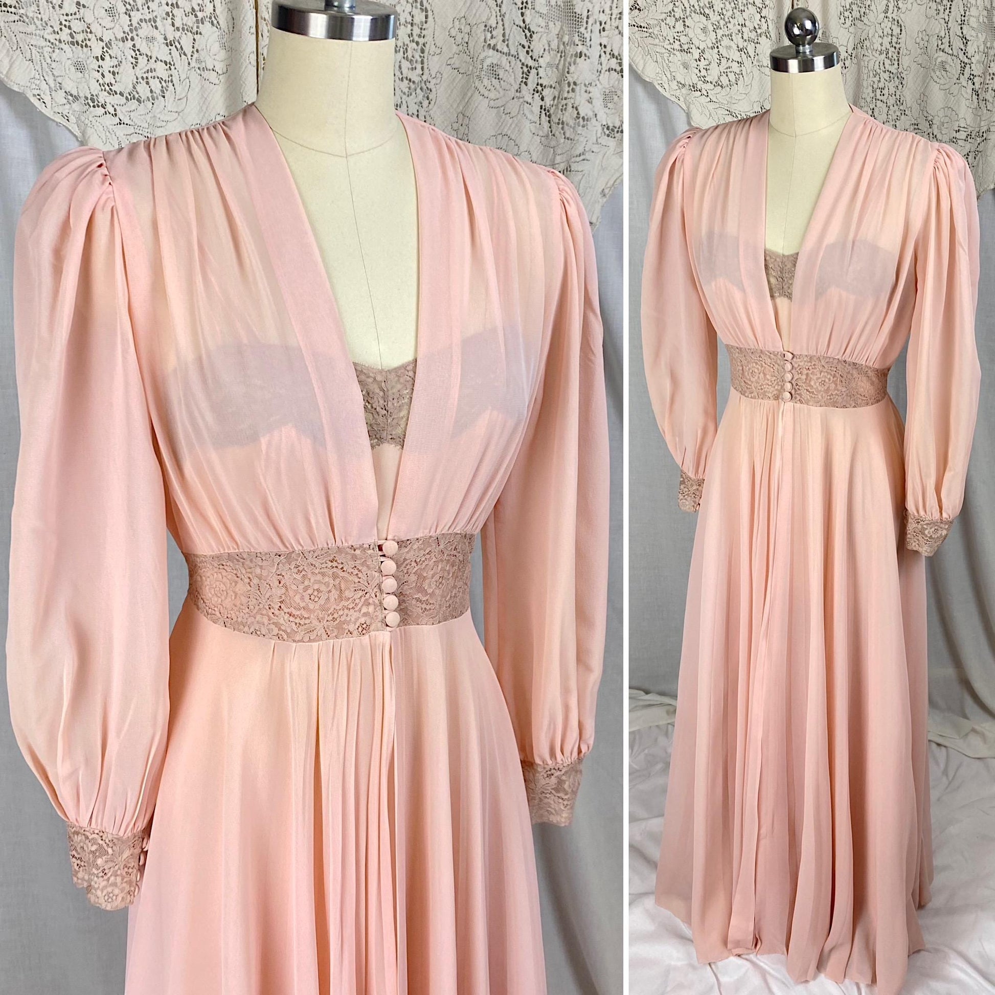 Vintage 1940's Nightgown & Peignoir Set | Sheer Rosy Pink Rayon Chiffon with Mocha Floral Lace | Size S