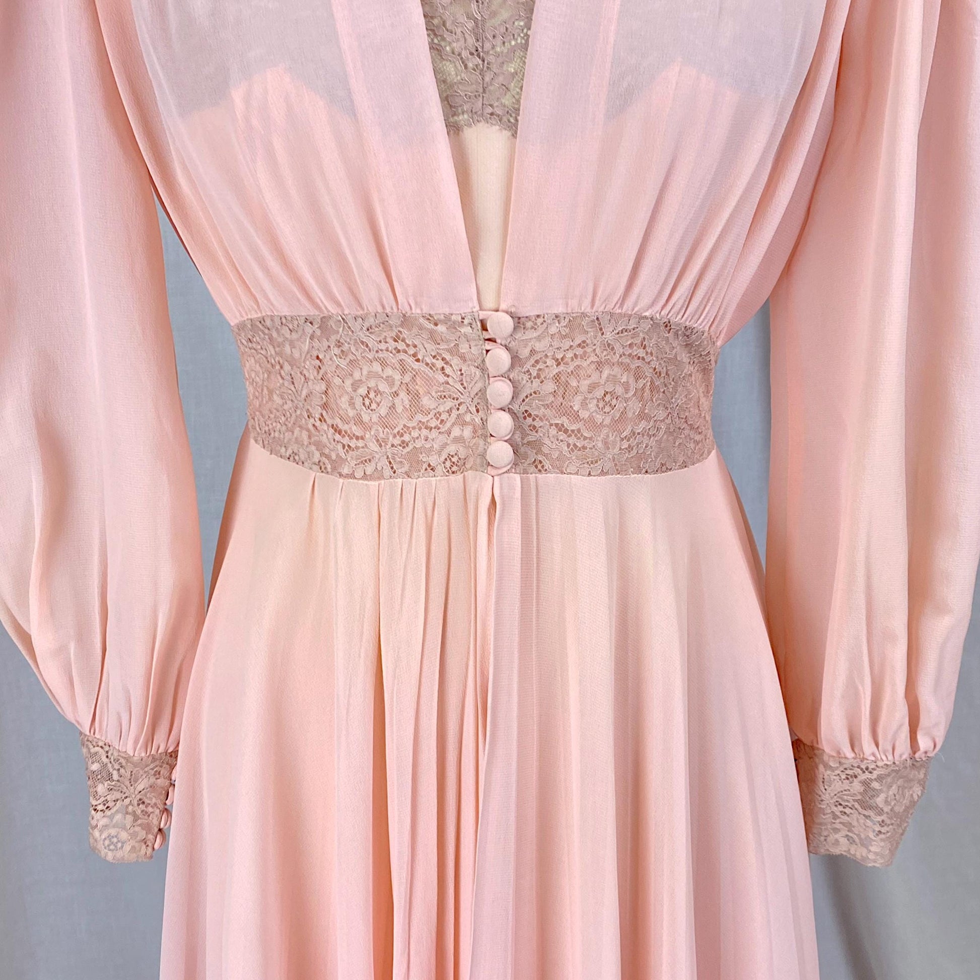 Vintage 1940's Nightgown & Peignoir Set | Sheer Rosy Pink Rayon Chiffon with Mocha Floral Lace | Size S