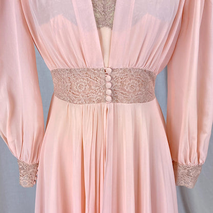 Vintage 1940's Nightgown & Peignoir Set | Sheer Rosy Pink Rayon Chiffon with Mocha Floral Lace | Size S