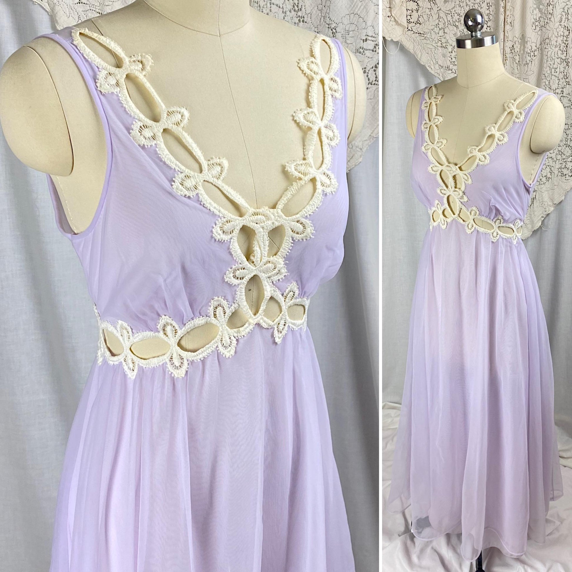 Vintage 1960's Nightgown & Peignoir Set | Sheer Lilac Purple Nylon Chiffon with Cream Crochet Lace Inserts | Size M | By Molyclair