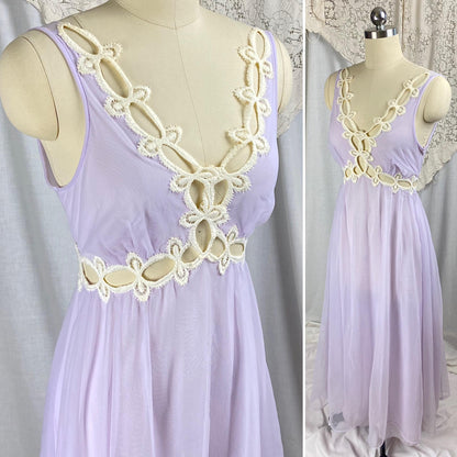 Vintage 1960's Nightgown & Peignoir Set | Sheer Lilac Purple Nylon Chiffon with Cream Crochet Lace Inserts | Size M | By Molyclair