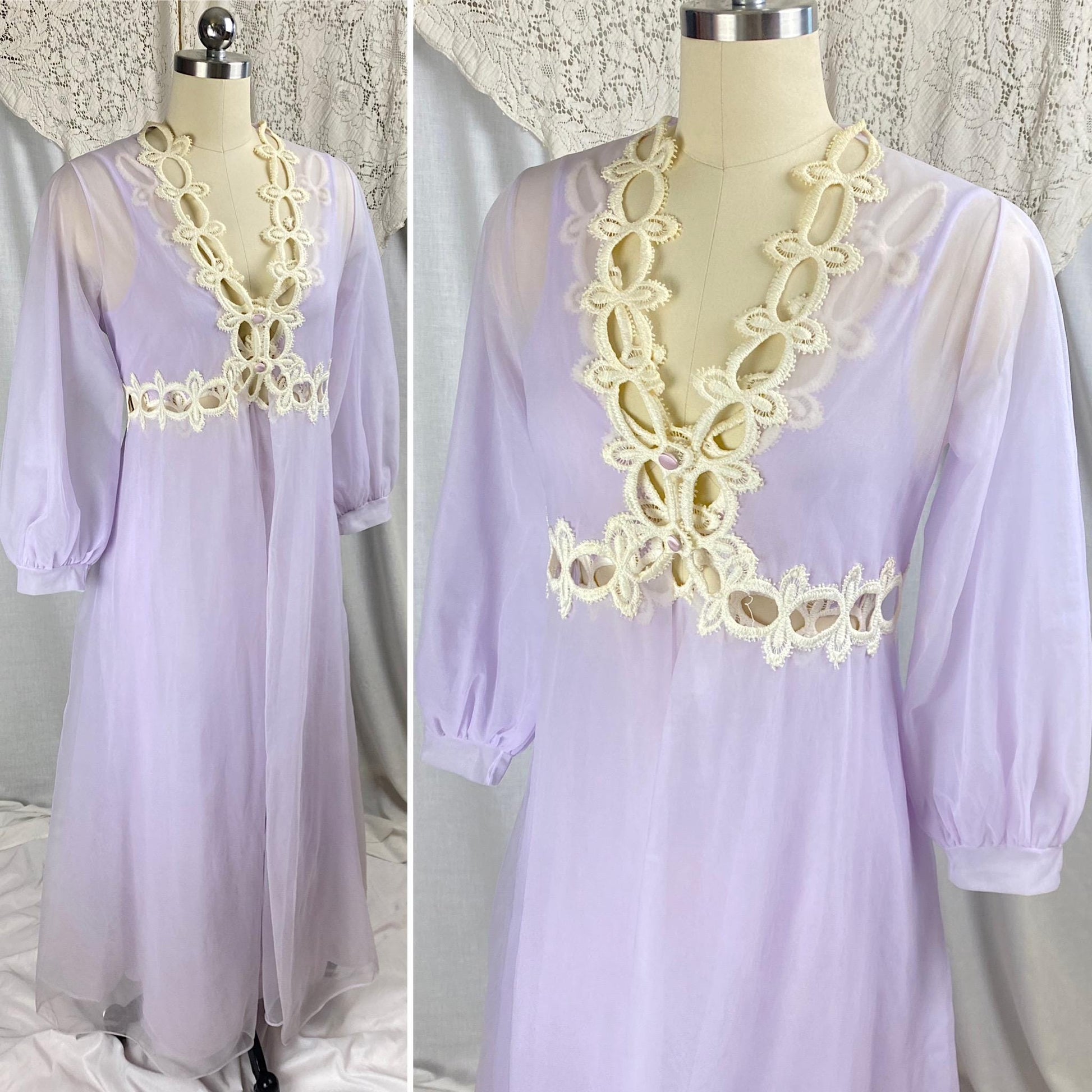 Vintage 1960's Nightgown & Peignoir Set | Sheer Lilac Purple Nylon Chiffon with Cream Crochet Lace Inserts | Size M | By Molyclair