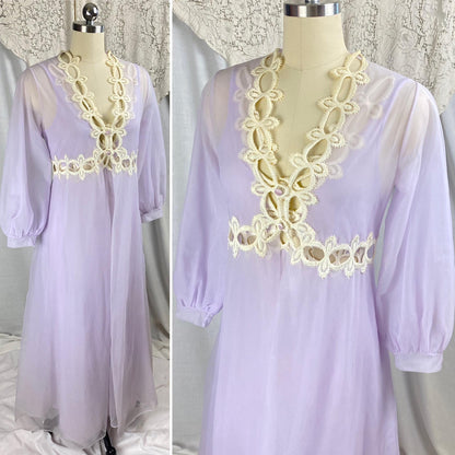 Vintage 1960's Nightgown & Peignoir Set | Sheer Lilac Purple Nylon Chiffon with Cream Crochet Lace Inserts | Size M | By Molyclair