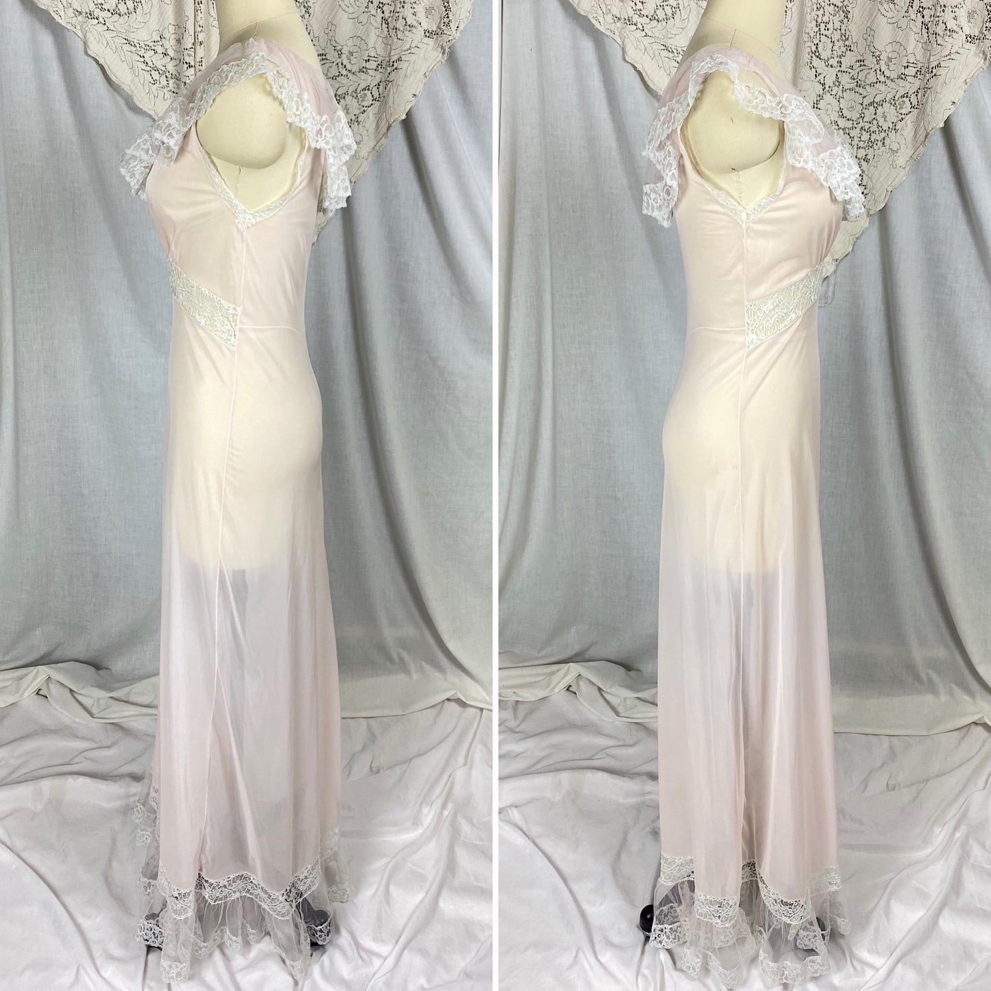 Vintage 1950's Nightgown | Semi-Sheer Powder Pink Nylon with White Ruffled Tulle | Size XS, S | Lady Duff