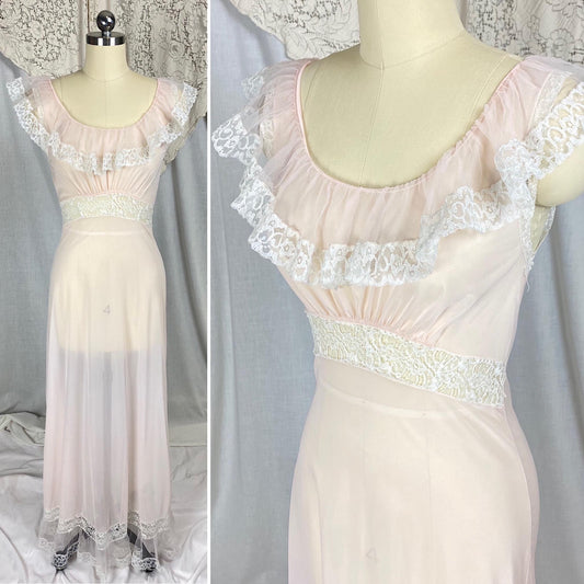 Vintage 1950's Nightgown | Semi-Sheer Powder Pink Nylon with White Ruffled Tulle | Size XS, S | Lady Duff
