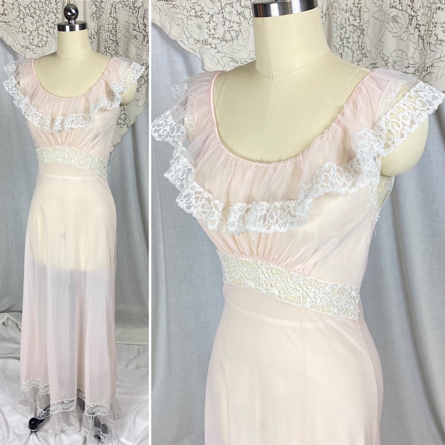 Vintage 1950's Nightgown | Semi-Sheer Powder Pink Nylon with White Ruffled Tulle | Size XS, S | Lady Duff