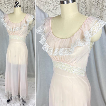 Vintage 1950's Nightgown | Semi-Sheer Powder Pink Nylon with White Ruffled Tulle | Size XS, S | Lady Duff